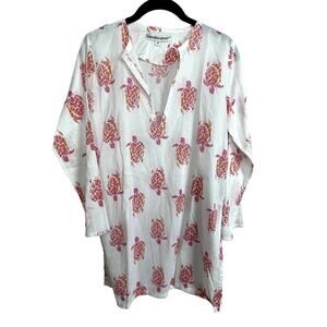 Barbara Gerwit Cotton Tunic Top M White Red Orange Turtle Print Side‎ Slits